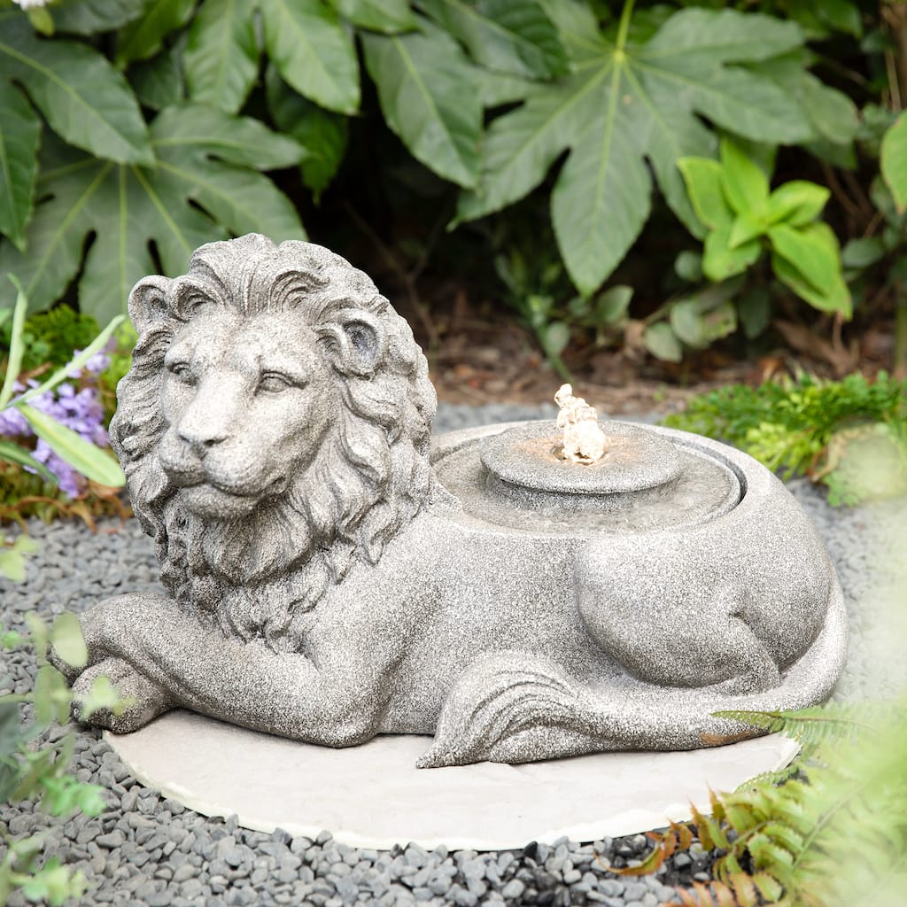 Glitzhome 20"L Zen-Style Lying Lion Polyresin Outdoor Fountain with Pump and LED Light