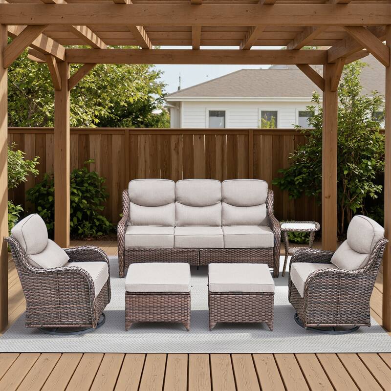 Meyreso 6-Piece Wicker Patio Conversation Set with Swivel Gliders and 6-Inch Thick Olefin Cushions - Brown Wicker - Beige Cushions