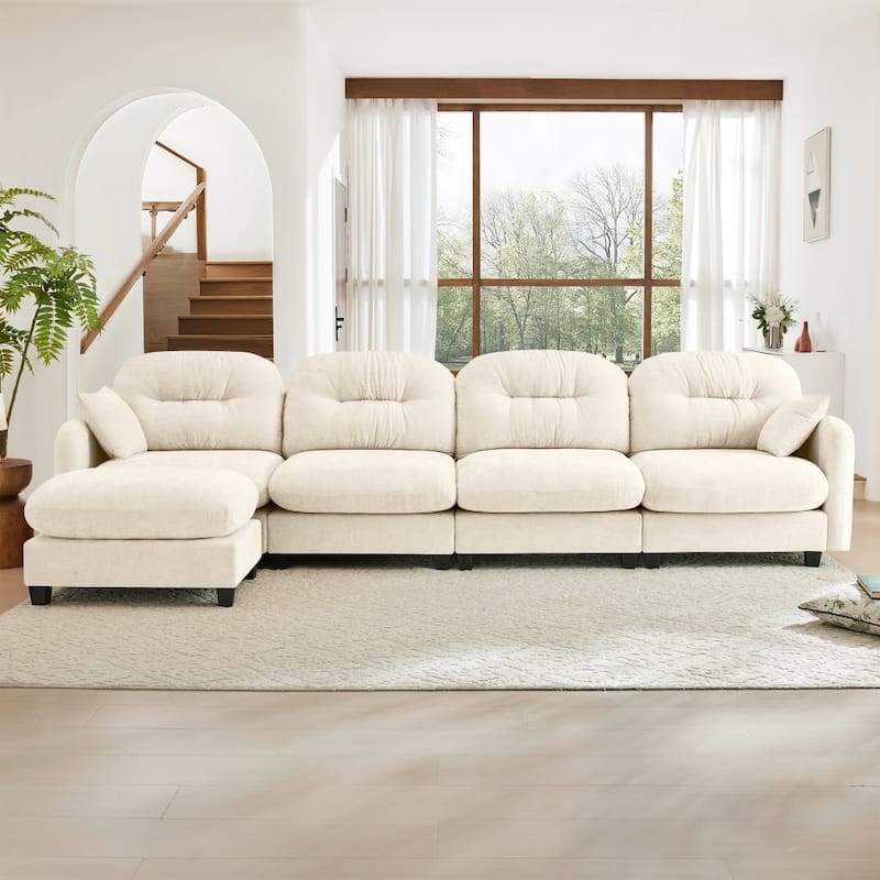 Chenille L-shaped Modular Flexible Combination Sectional Sofa with Wooden Base - Beige