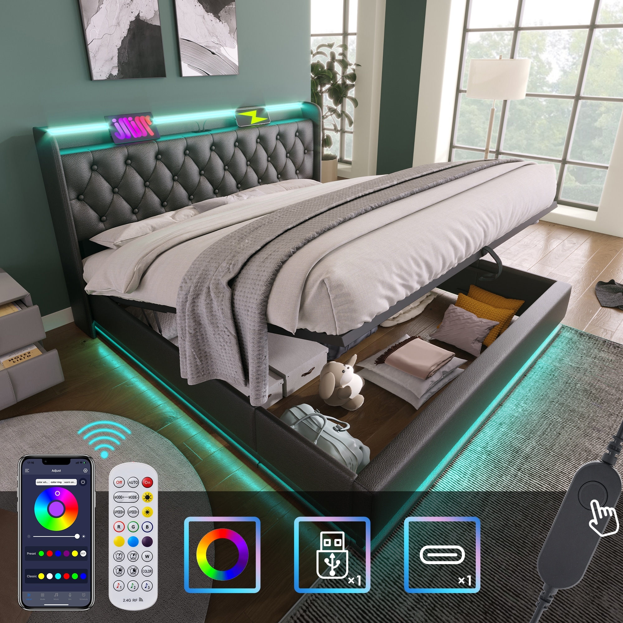 360° LED King Size Upholstered Bed with Hydraulic Lift Storage, USB Charging Ports, Remote & App Control