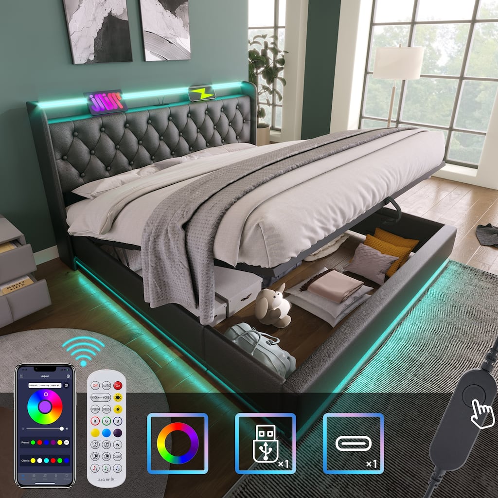 King Size LED Upholstered Storage Bed with USB/Type-C Charging, Remote Control & Hydraulic Lift - Black PU Fabric