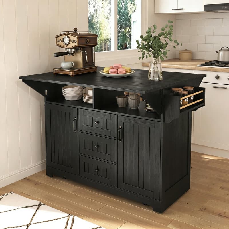 55.7" Rolling Kitchen Island with Double Drop Leaf, Power Outlet, 3 Drawers, Spice & Towel Rack, Folding Dining Table Cart - Black