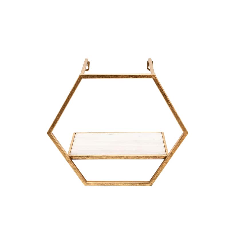 Set of 3 Gold and Ivory Wooden Hexagon Wall Shelves 16"