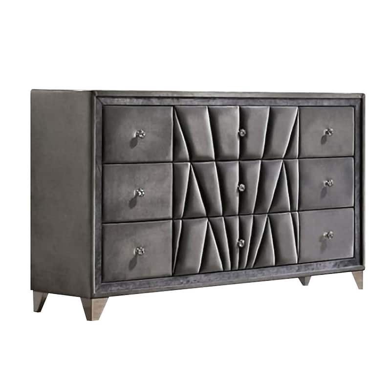9 Drawer Fabric Frame Dresser with Tufted Accents and Acrylic Knob, Gray