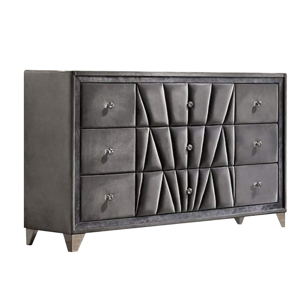 9 Drawer Fabric Frame Dresser with Tufted Accents and Acrylic Knob, Gray