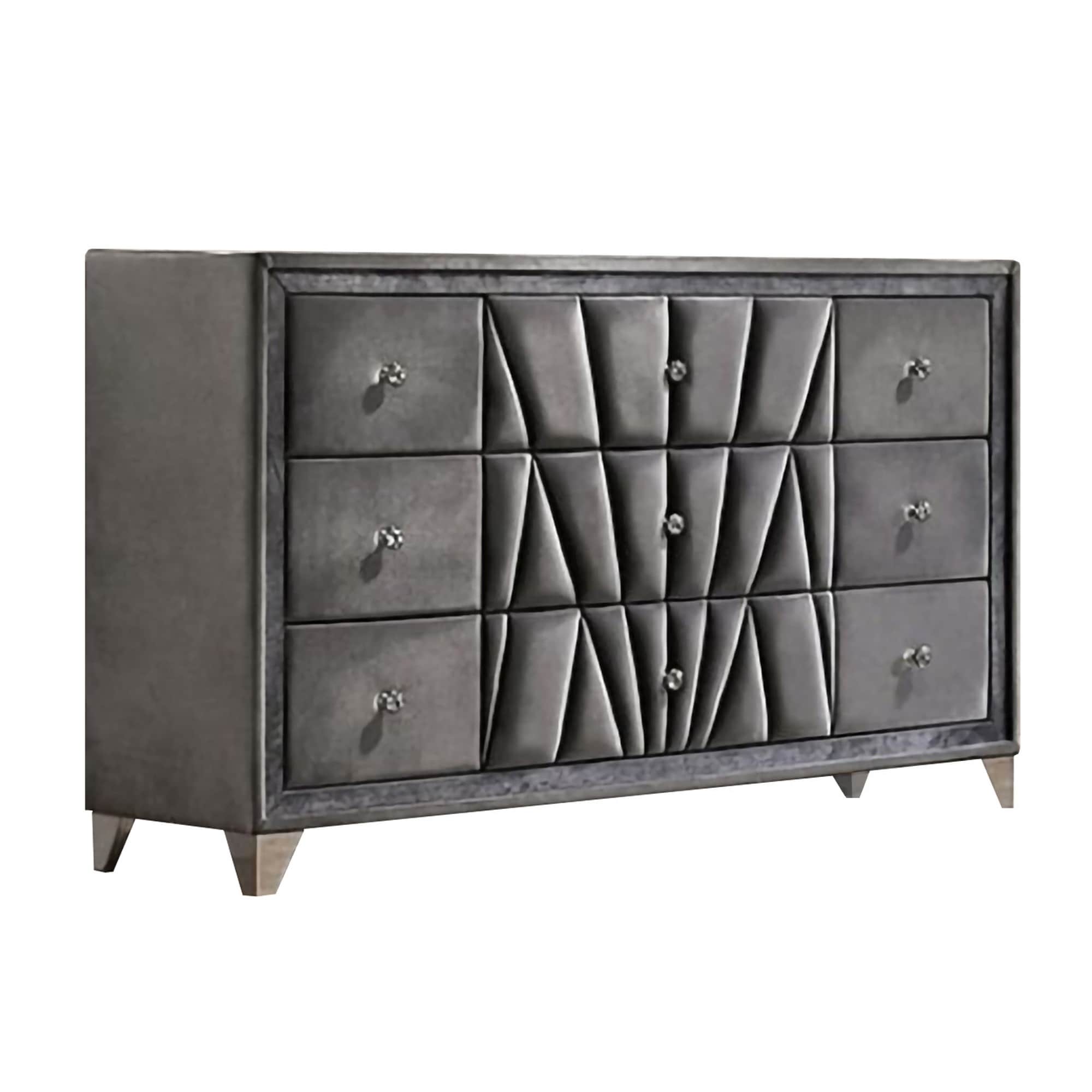 9 Drawer Fabric Frame Dresser with Tufted Accents and Acrylic Knob, Gray