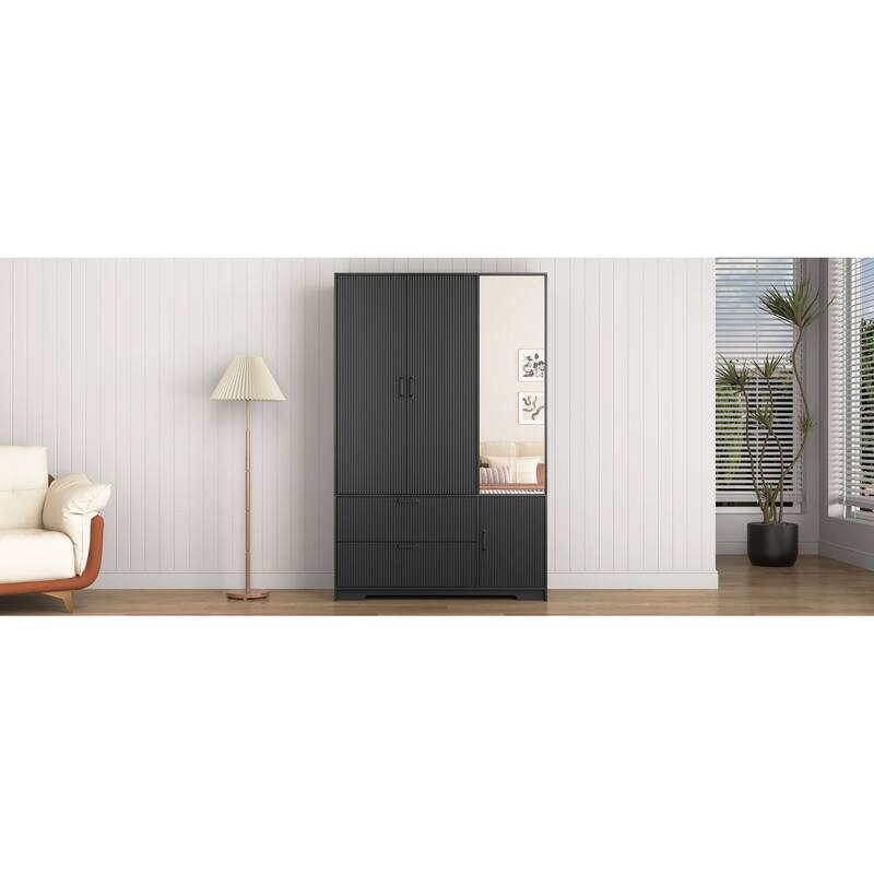 4 Doors Wardrobe Closet with Mirror, LED Wardrobe with Doors and 2 Drawers, Wooden Wardrobe Storage Cabinet with Hanging Rod