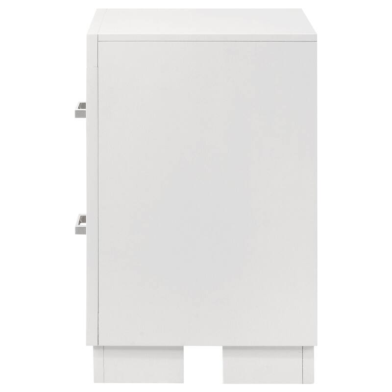Sleek White 2-Drawer Wooden Nightstand with Silver Handles and Ample Storage for Modern Bedrooms