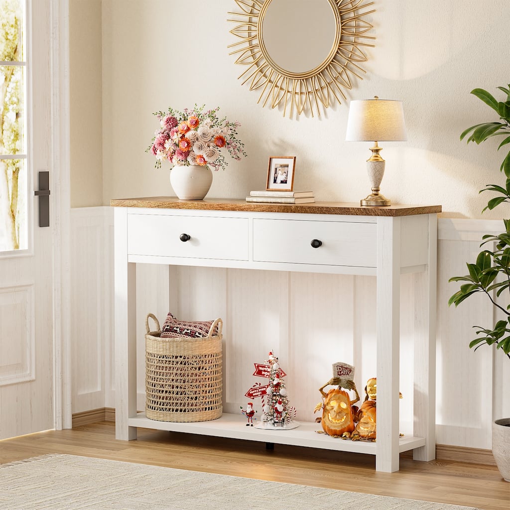 Farmhouse Console Table with 2 Storage Drawers & Lower Open Shelf, Entryway Sofa Table