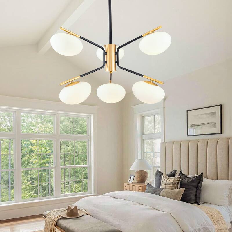 Modern Minimalism 6-Light Sputnik Chandelier with White Glass Oval Lampshade