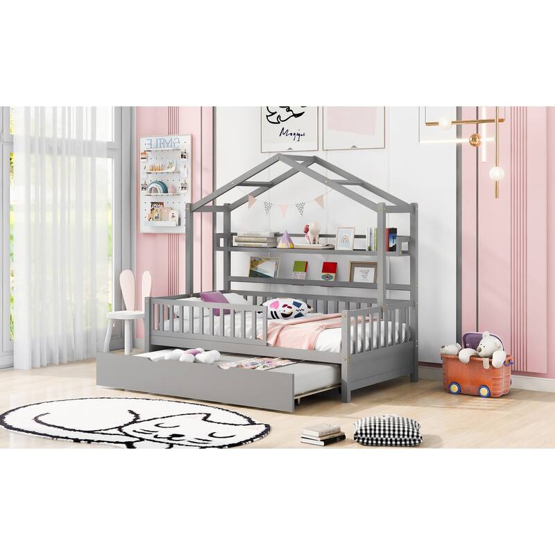 Cute Wooden Twin or Full House Bed with Trundle, Kids Bed Wood Platform Bed Frame with Safety Guardrail & Storage Shelf