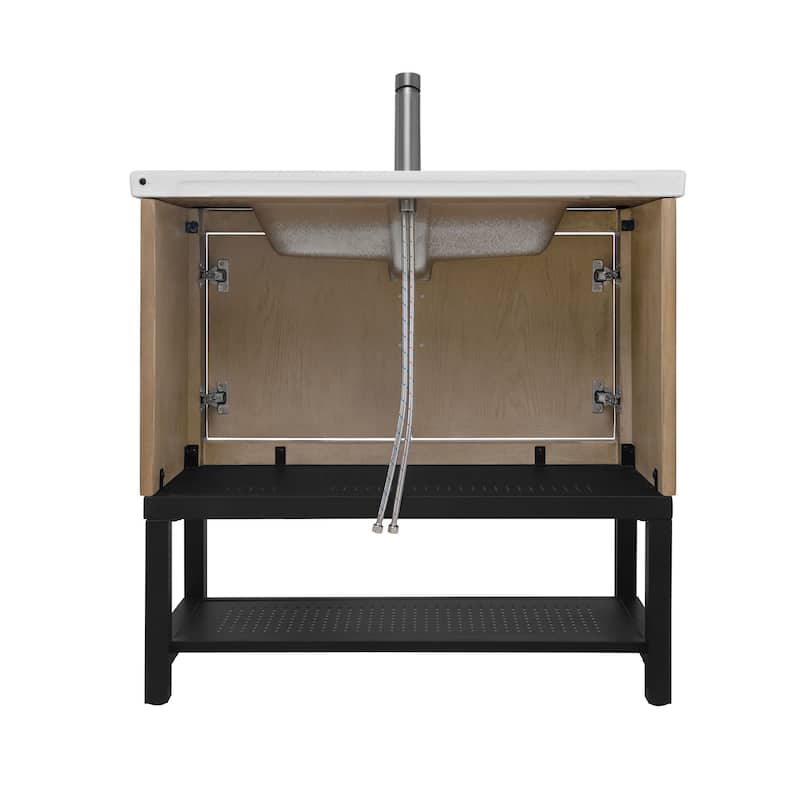 GDFStudio - CompactLine Modern Freestanding Bathroom Vanity with Ceramic Sink and Open Metal Shelf - 36 Inch