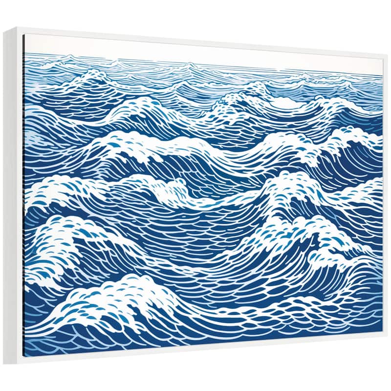 Kate and Laurel Sylvie Linocut Abstract Waves Blue and White Framed Canvas by The Creative Bunch Studio - 38x28 - White