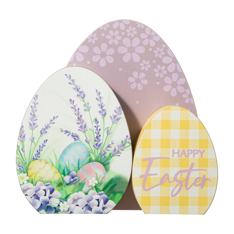 Glitzhome 7.75"/6"H Easter Wooden Patterned Eggs Table Decor Spring Gift