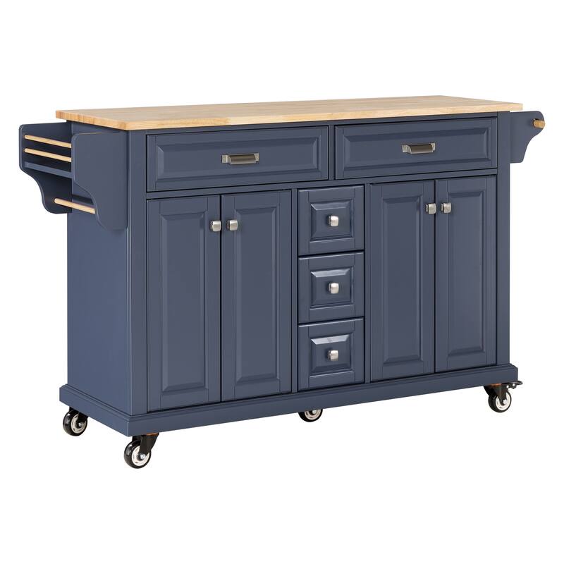 Kitchen Island with Rubber wood Countertop, Kitchen Cart on 5 Wheels with Storage Cabinet and 5 Drawers for Dinning Room