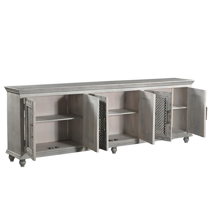 HomeRoots 111" Gray Distressed Solid Wood Carved Floral Sideboard with Six Doors - 111.00 in. x 37.00 in. x 17.00 in.