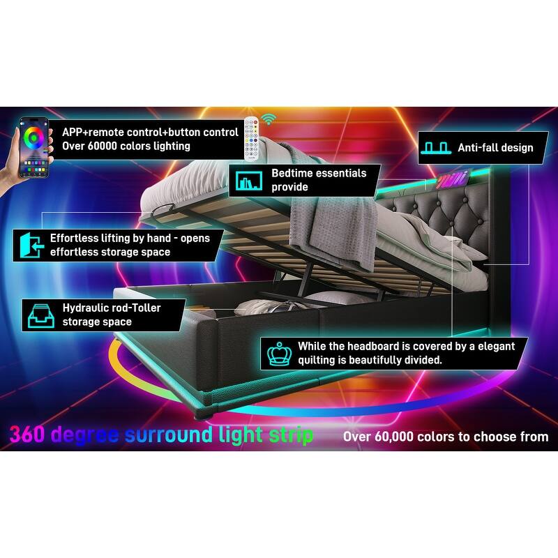 Upholstered Platform Bed with 360 LED Function and USB-C Charging