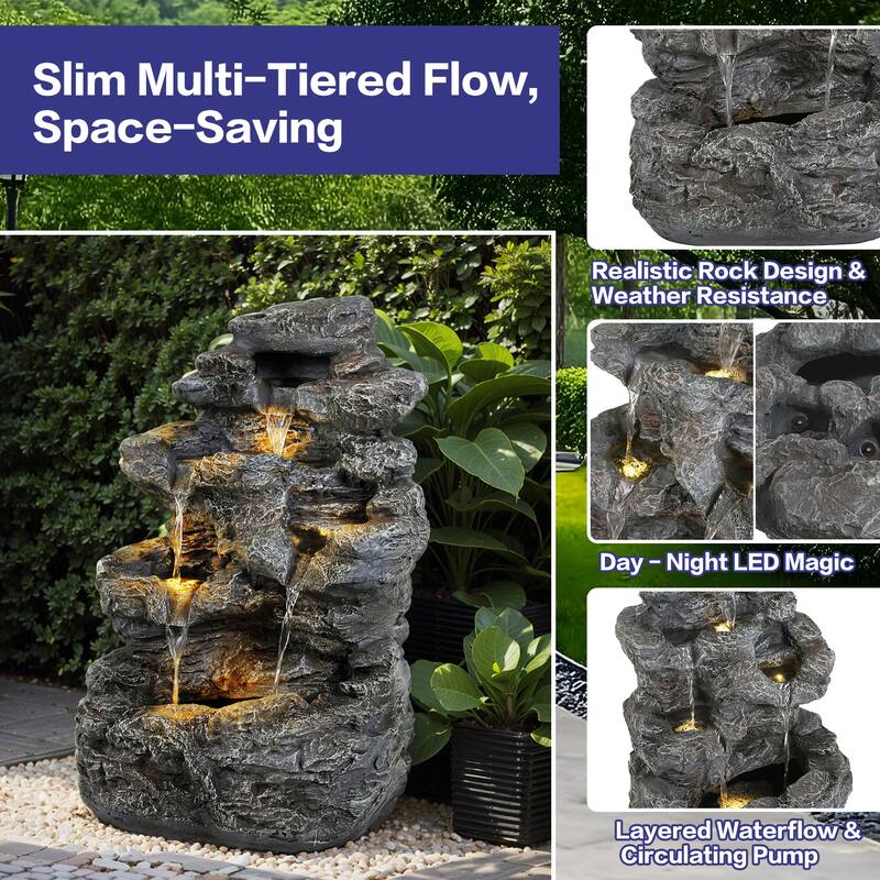 5-Tiered Concrete Tall Slim Fountain, 23.85"H -LED-Lit Column, Space-Saving Modern Outdoor Accent, All-Weather Resistant