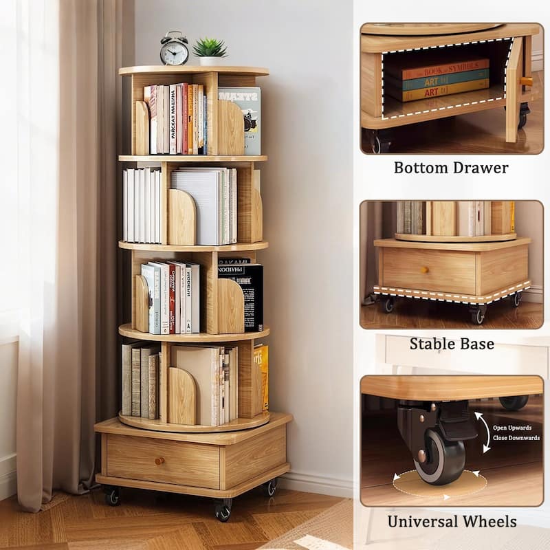 Anmytek 360 Rotating Corner Bookshelf with Wheels Space Saving Storage for Small Rooms