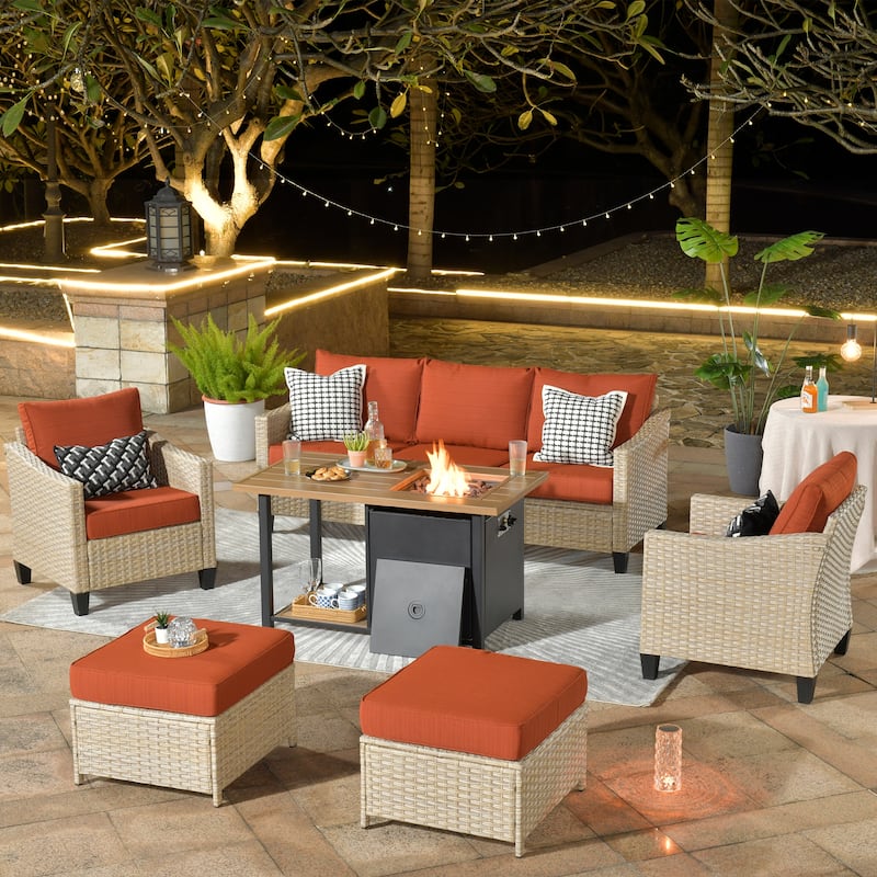 HOOOWOOO Outdoor 6-piece PE Wicker Conversation Patio Set with Fire Pit Table - Red/Orange