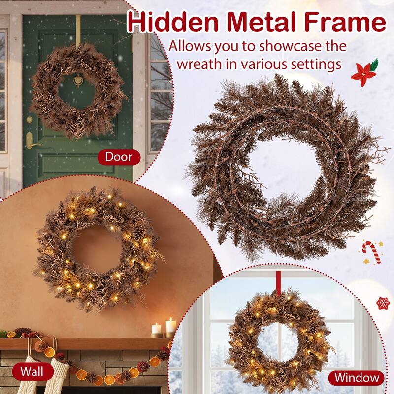 Gymax Set of 2 24'' Pre-lit Christmas Wreath Front Door Artificial