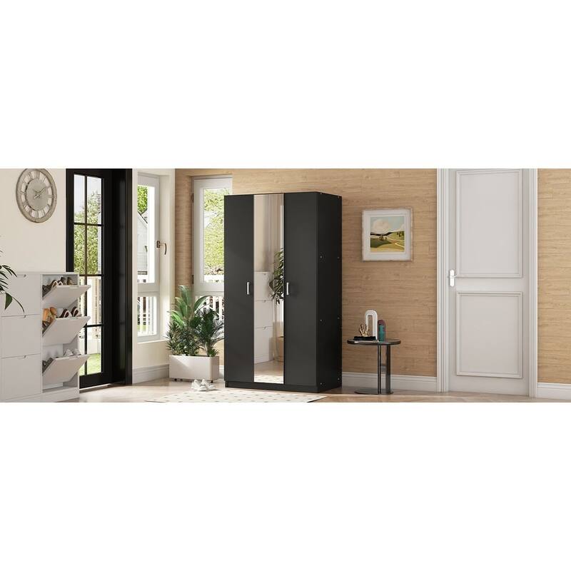 Modern 3 Door Wardrobe with Mirror, 3 Drawers, Hanging Rod - N/A