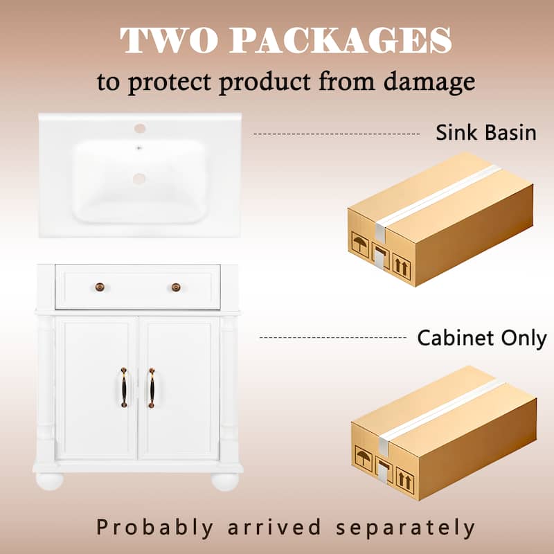 28"/36" Bathroom Vanity with Sink, Integrated Ceramic Basin Vanity Cabinet with Roman Column Base, Solid Wood Frame