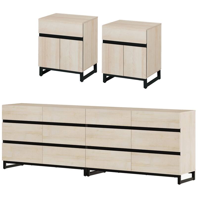 3-Piece Dresser And Nightstand Set,Dresser With 12 Drawers, 2 Nightstand for Bedroom, Bedroom Furniture Set