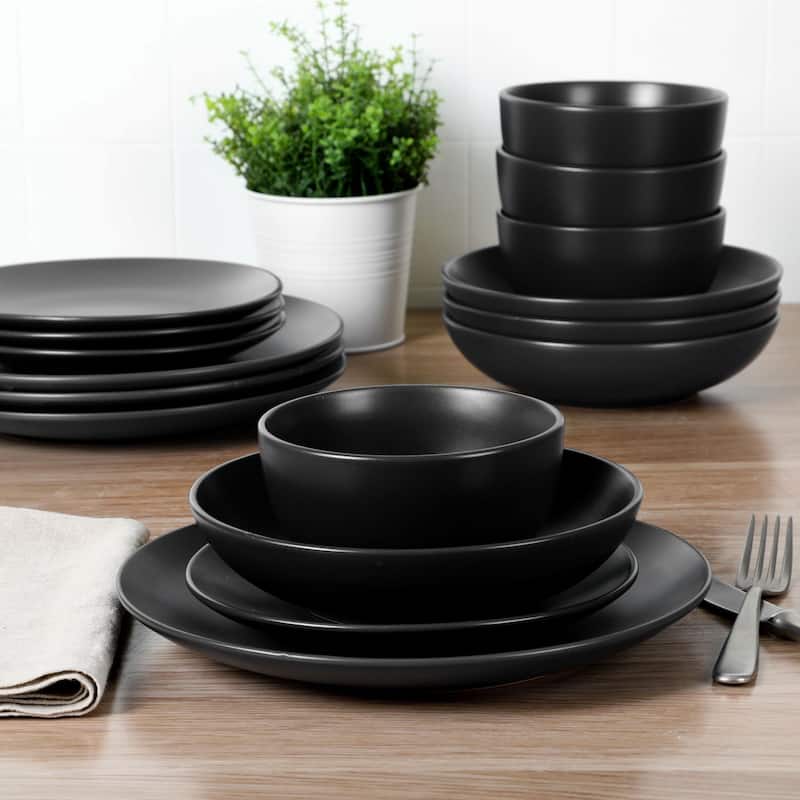 Gibson Home Queenslane 16-Piece Double Bowl Stoneware Dinnerware Set - Black