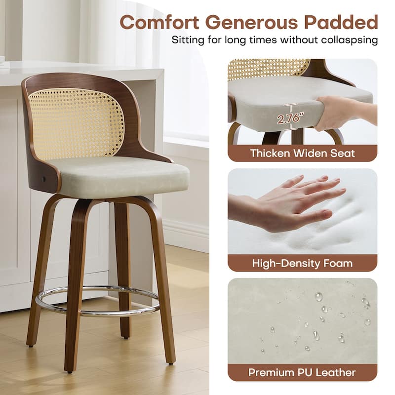26" Upholstered Swivel Counter & Bar Stool with Rattan Back - 37.4"H x 19.09"W x 19.88"D