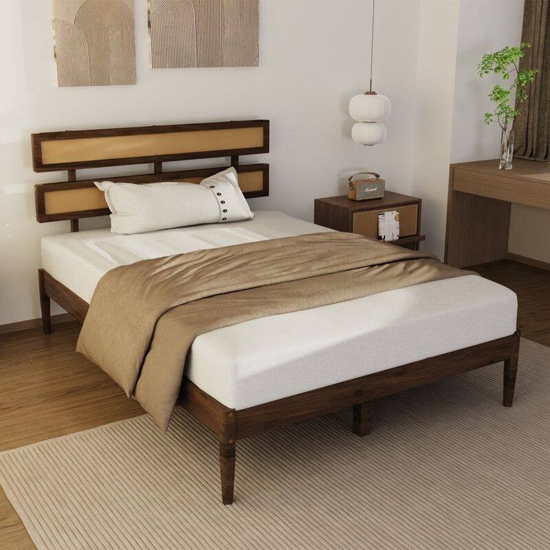 Solid Wood Full Bed Frame Platform Bedframe with Rattan Headboard - Full