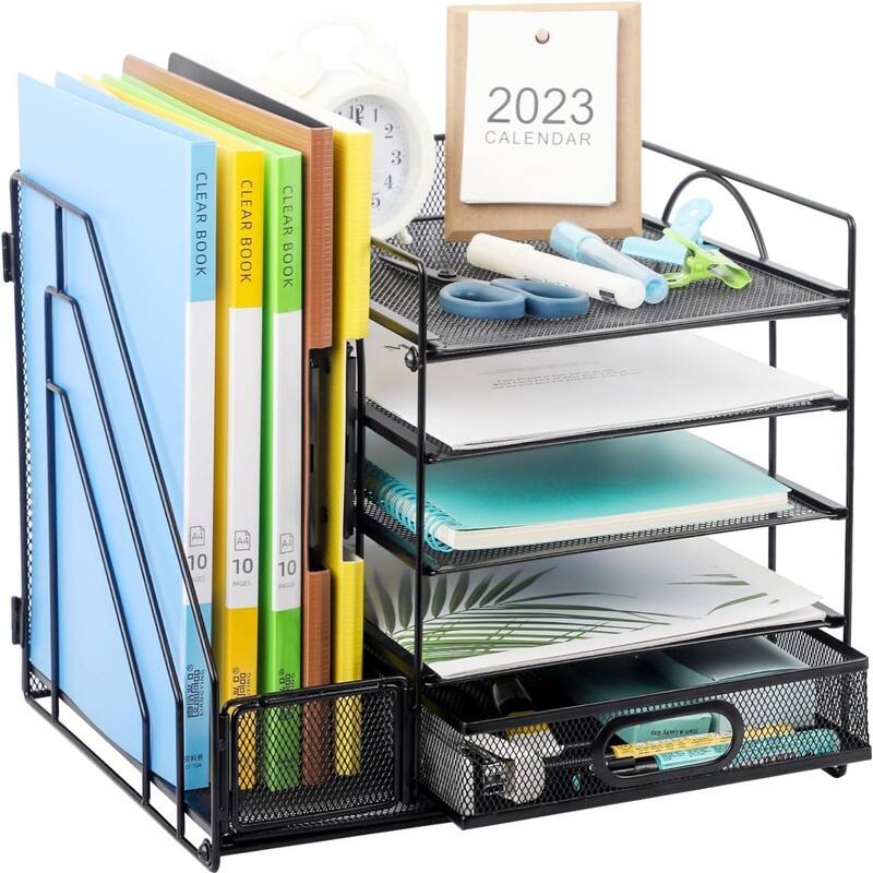 Desk Organizer with Vertical File Holder(Black) - Black