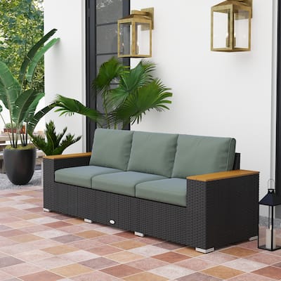 Outsunny 3-Seat Patio Sofa with Cushions, PE Rattan Outdoor Couch with Wood Grain Wide Armrests for Porch