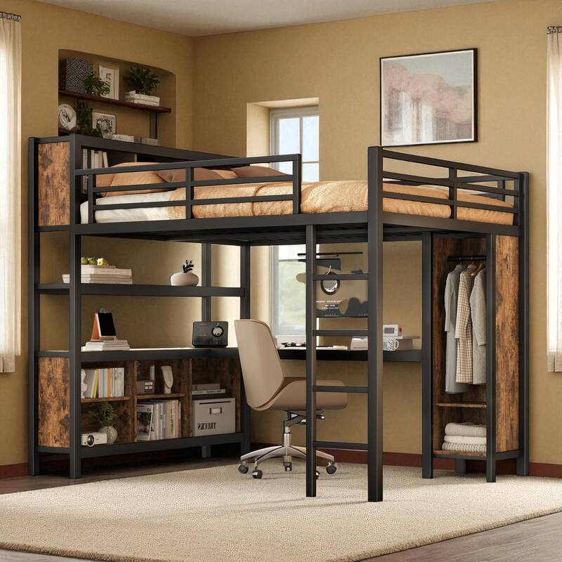 Queen Metal Loft Bed with L-Shaped Desk, Wardrobe, Shelves, Heavy-Duty Frame for Teens Adults