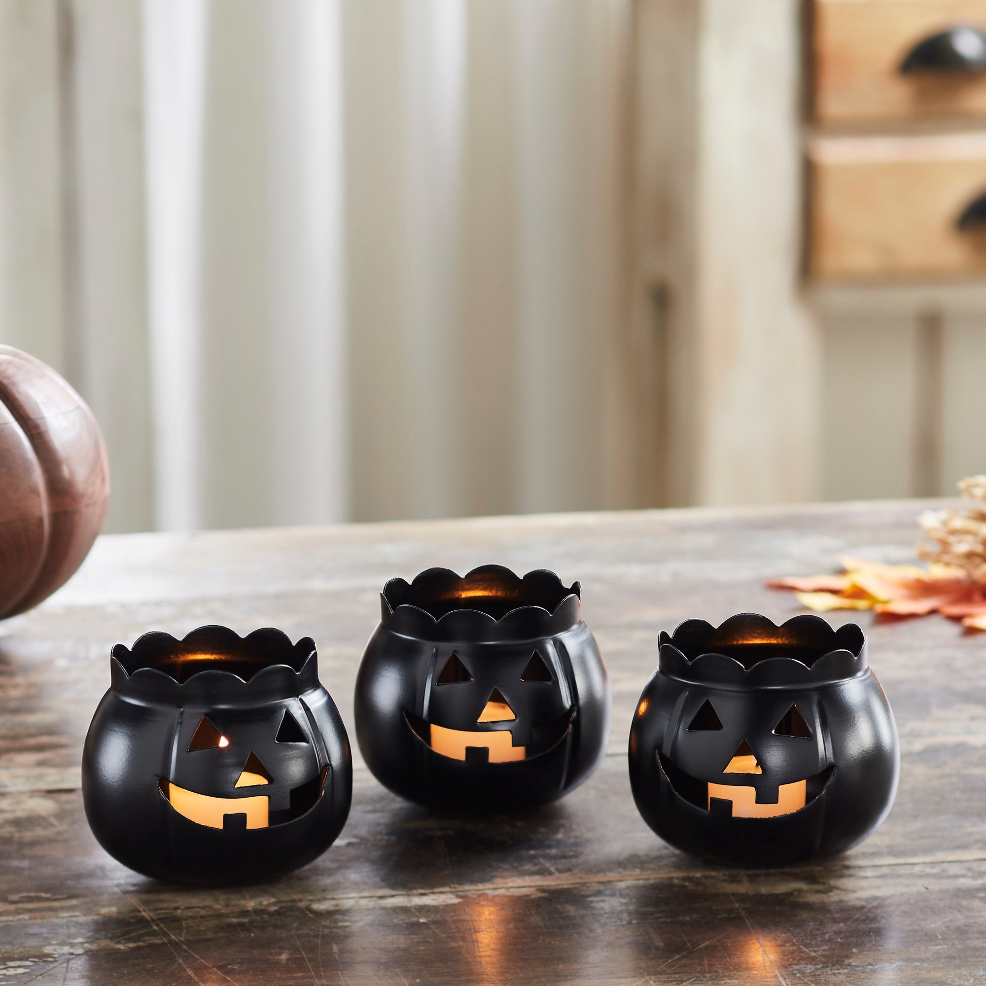 Jack-O-Lantern Candle Holder Black Set of 3 - 3x3.5x3.5 - N/A
