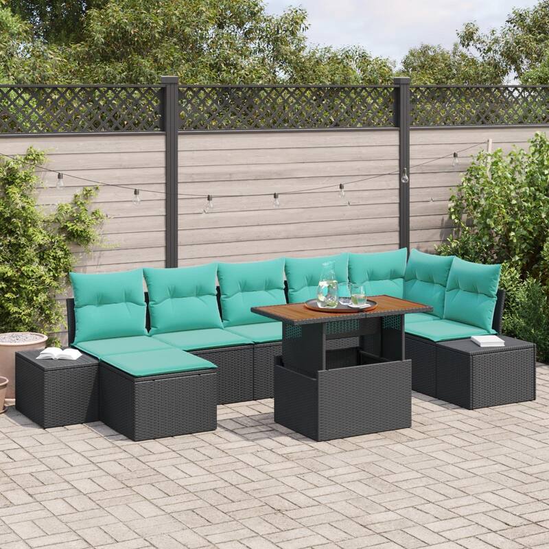 vidaXL 8 Garden Sofa Set with Cushions Black/Grey Poly Rattan - 125.6 x 60.6 x 27.2 - Black