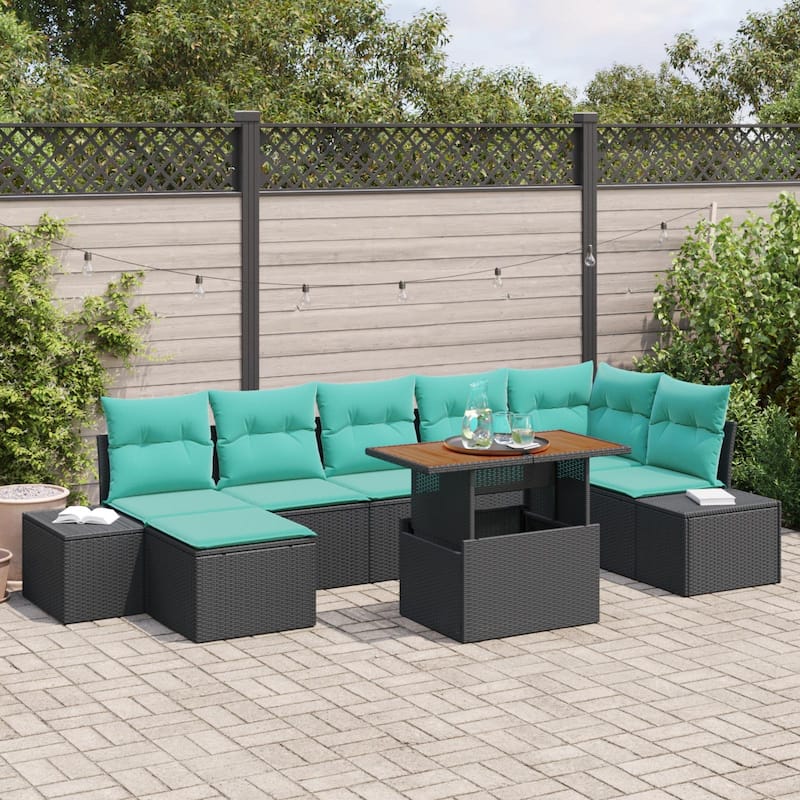 vidaXL 8 Piece Garden Sofa Set with Cushions Black Poly Rattan - 125.6×60.6×27.2