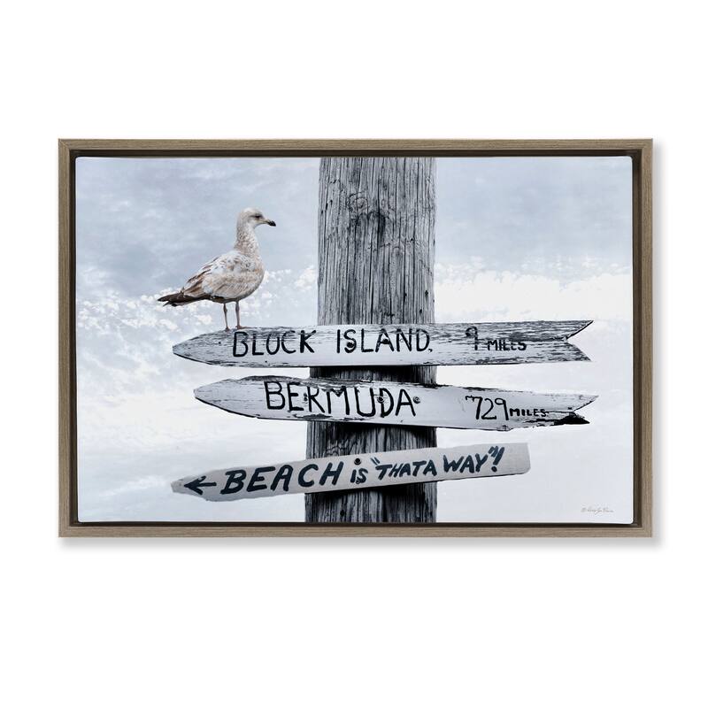 Stupell Vacation Beach Signs with Seagull Framed Floater Canvas Wall Art Design By Robin-Lee Viera - 25 x 17 - Brown