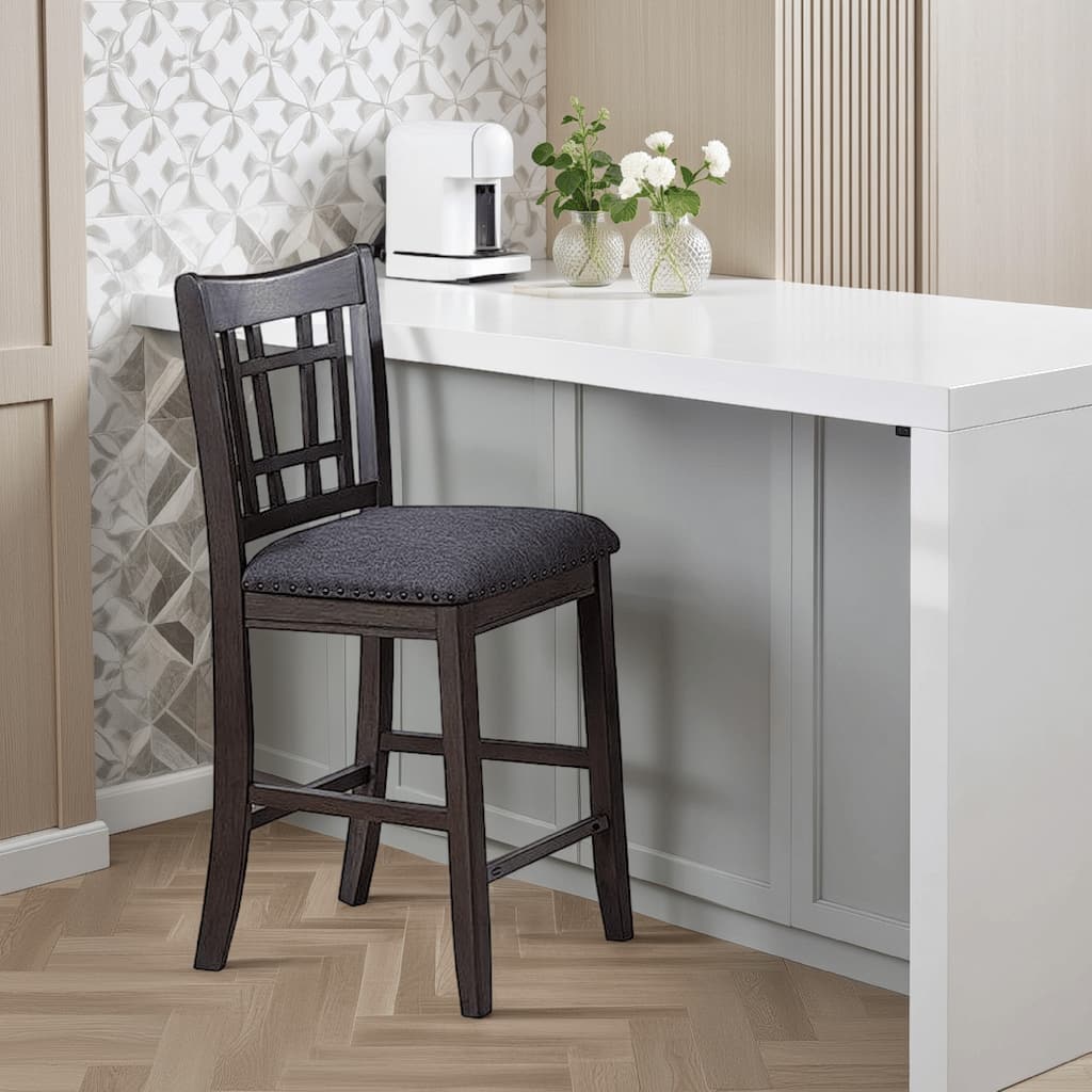 Raha Counter Stool Chair, Nailhead Trim, Open Square Back, Dark Gray