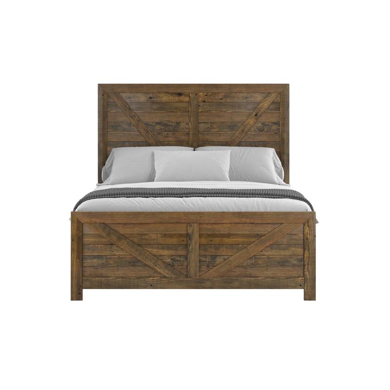Queen Size Solid Wood Panel Bed with Rustic Style