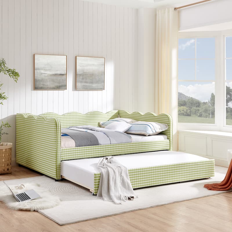 Full Size Gingham Daybed with Twin Trundle, USB Port, Wave Shaped Design & Linen Fabric - No Box Spring Needed
