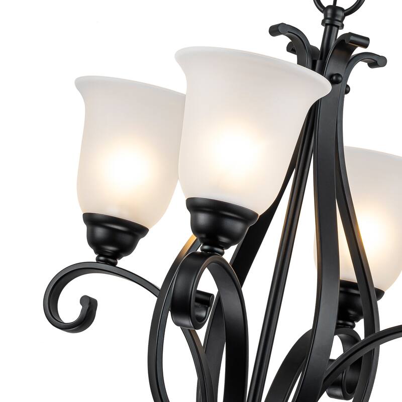 Matte Black 4-Light Candelabra Chandelier with Bell Glass Shades - Dia.8.39-in
