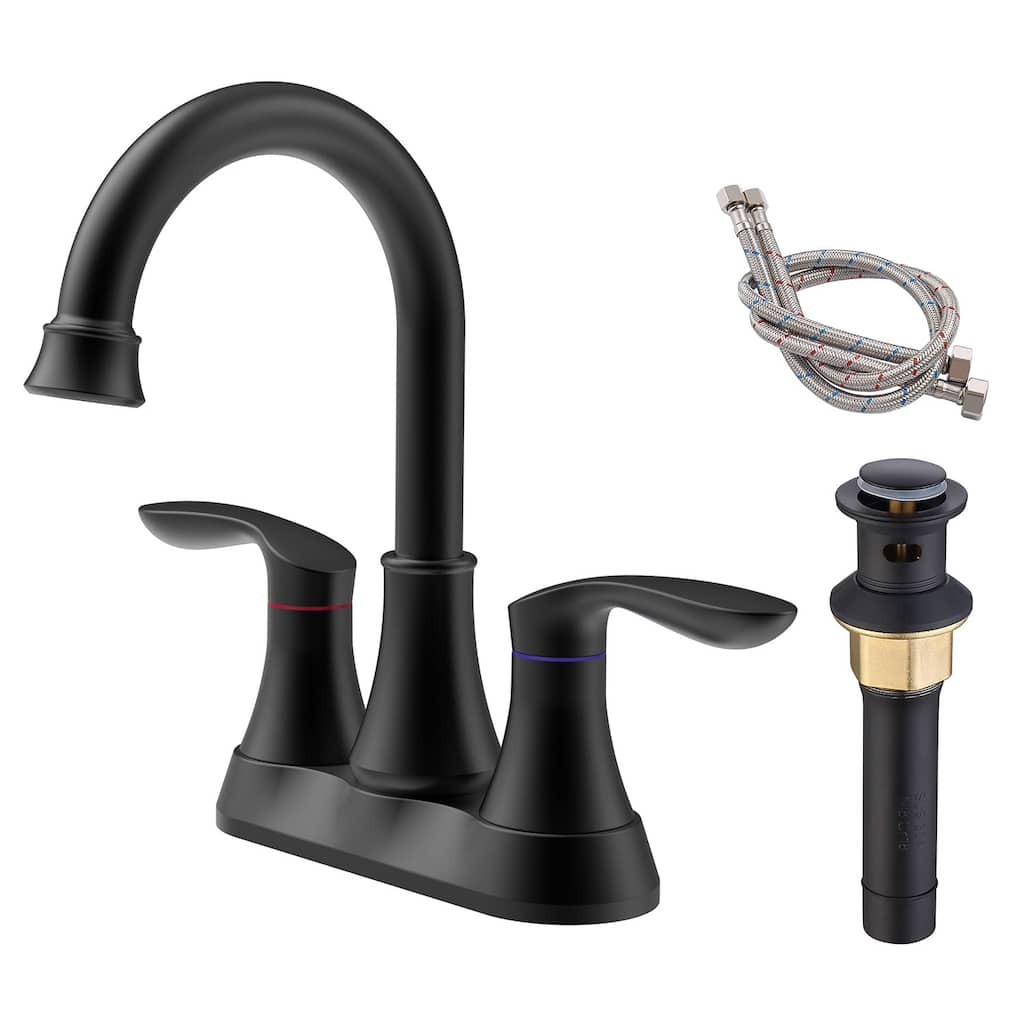 Bathroom Faucet with Pop-up Drain & Supply Hoses 2-Handle 360 Degree High Arc Swivel Spout Centerset 6 Inch Vanity Sink Faucet