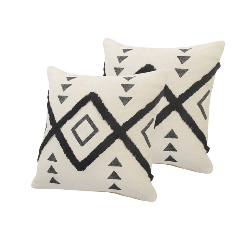 Set of Two 20" Natural And Black Geometric Cotton Throw Pillows with Texture