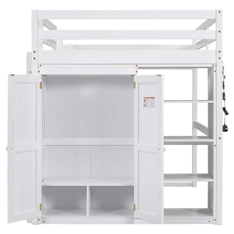 Wood Full Size Loft Bed with Built-in Wardrobe and Storage Shelves
