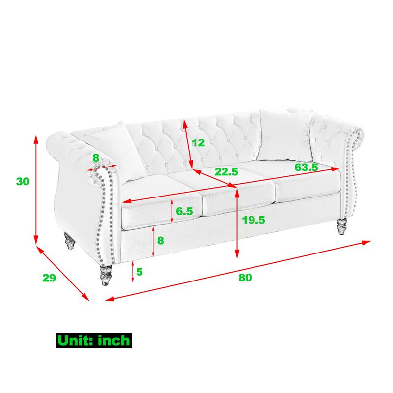 80" Grey Velvet 3 Seater Chesterfield Sofa with Nailhead Trim and Two Pillows