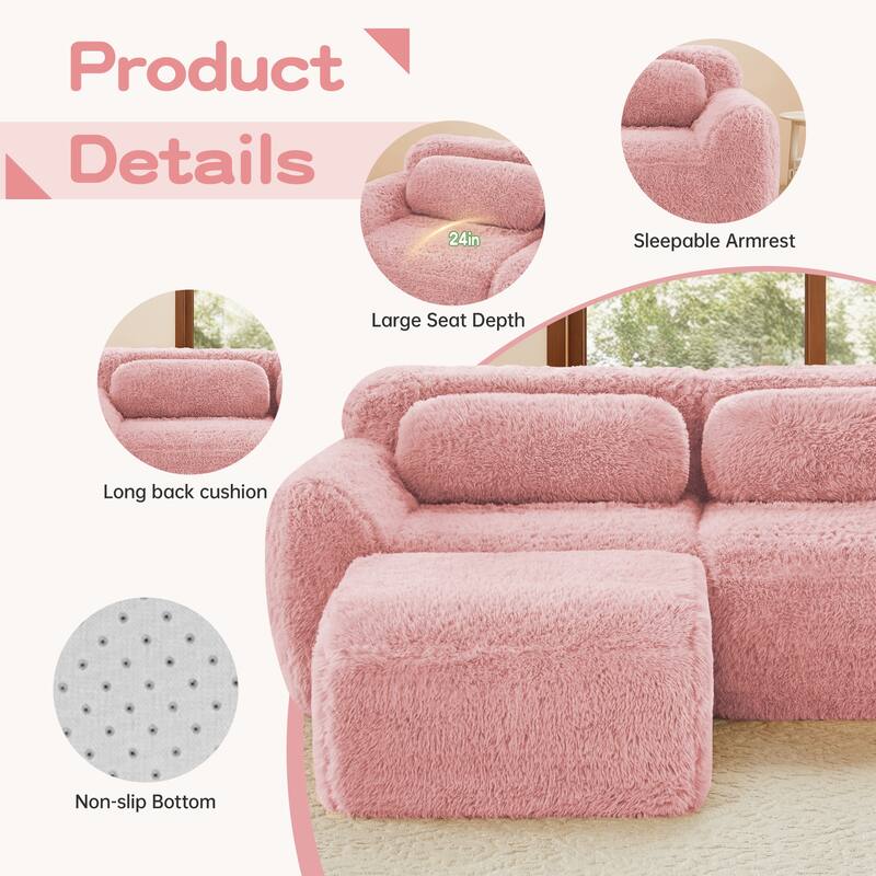 80" Soft Plush Fabric,Boneless Sofa, No Assembly Required, Bottom Anti-Slip Design With Chaise, With Ottoman, Deep Seat Design