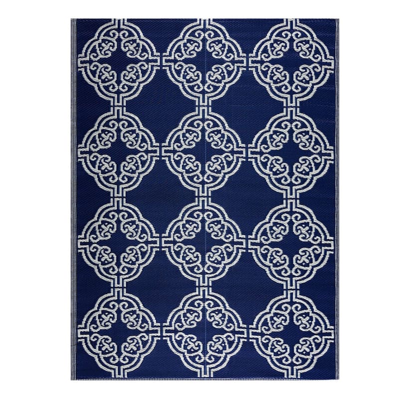 Playa Rug Outdoor Recycled Reversible Plastic Folded Mat/Rug Marrakesh Collection Lightweight & Weather, Water and UV Resistant - 2'4''x6' - Navy&Crème