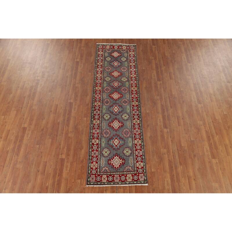 Gray Geometric Kazak Runner Rug Handmade Wool Carpet - 2'9" x 9'7"