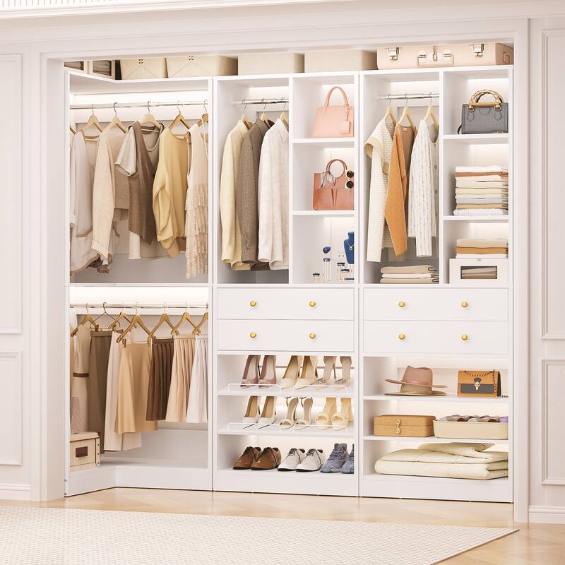 Set of 2/ 3 Coner Closet System with Shoe Racks and Drawers, Freestanding Closet Organizer with Hanging Rods and Shelves